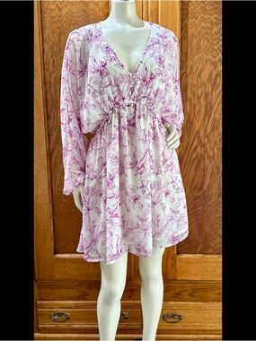 White chiffon Dress with Pink Floral Print V-Neck Mini Dress